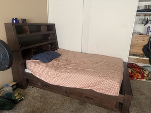 Full Dark Wood Storage Bed Frame, Bookcase Headboard, 1 huge Underbed Drawer