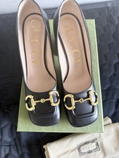 Gucci Horsebit Block Heel Pumps Black Leather Size 38 w/ Box  Dust Bags