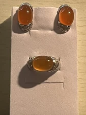 Beautifully Transparent Orange Chalcedony Ring/Earrings Set. Mounted On WH Gold