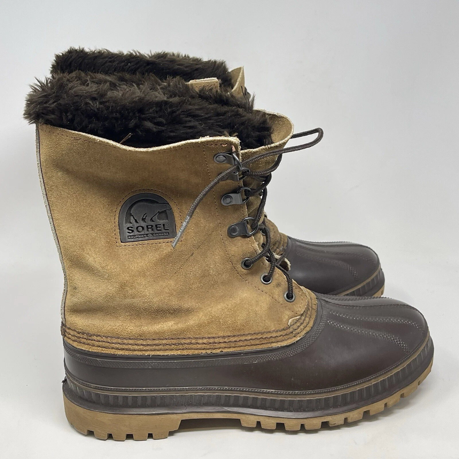 Sorel Kaufman Canada Duck Boots Mens 9 Brown Suede Faux Fur Felt Lined USA