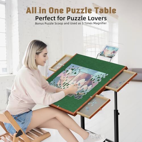 Puzzle Table with Drawers, 1500 Piece Jigsaw Puzzle Board with Wood