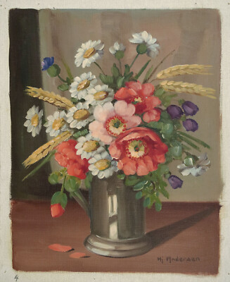 MARTIN HJALMAR ANDERSEN Vtg c1960s Signed Floral Painting SUMMER BOUQUET