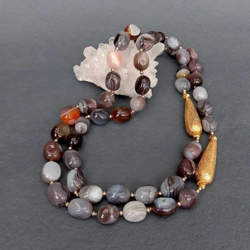 2 Strand Natural Gray Botswana Sardonyx Agates Gold Plated Brushed Bead Necklace - Picture 7 of 10
