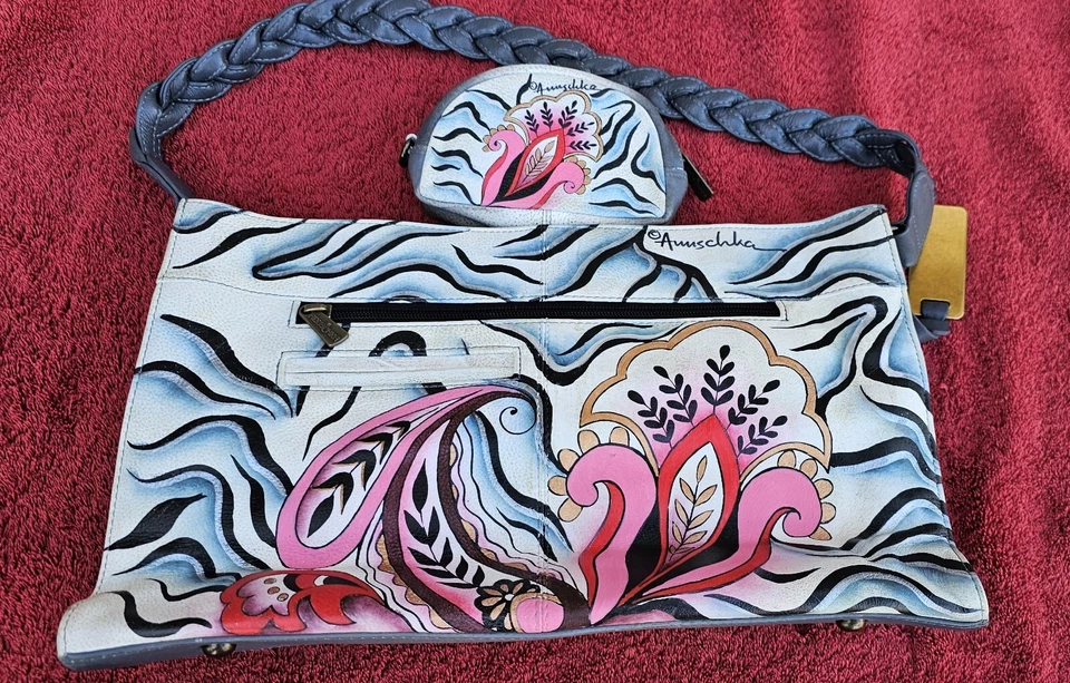 Bolsa tote de ombro Anuschka de couro pintada à mão zebra paisley + bolsa de moedas combinando - Imagem 2 de 4