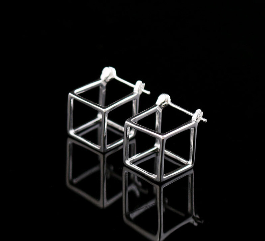 ★Hei★ sv925 cube onetouch earring HE24FAESG595XXFR T08 Earrings Cube Geometric Hollow 925 Sterling Silver | eBay