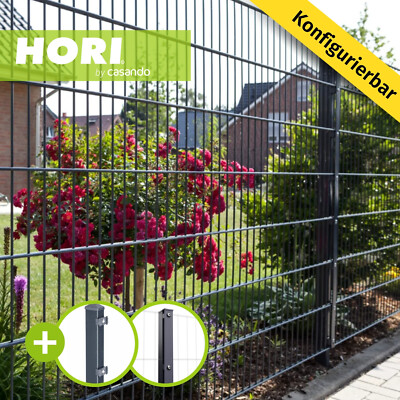 HORI Doppelstabmattenzaun Gittermatten Grau Zaun Matten Eckpfosten 8/6/8 Garten