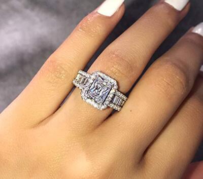 3.15 CT White Radiant Cut CZ Unique Engagement Ring In Solid 925 Sterling Silver