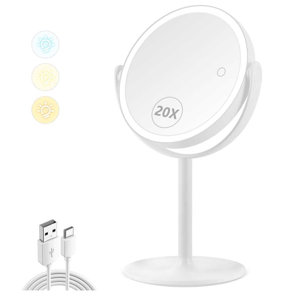 Specchio Illuminato Per Trucco Da Tavolo 9 Pollici - Ricaricabile, Dimmerabile, Doppio Ingrandimento 3X/20X, Rotazione 360°, 3 Temperature Colore