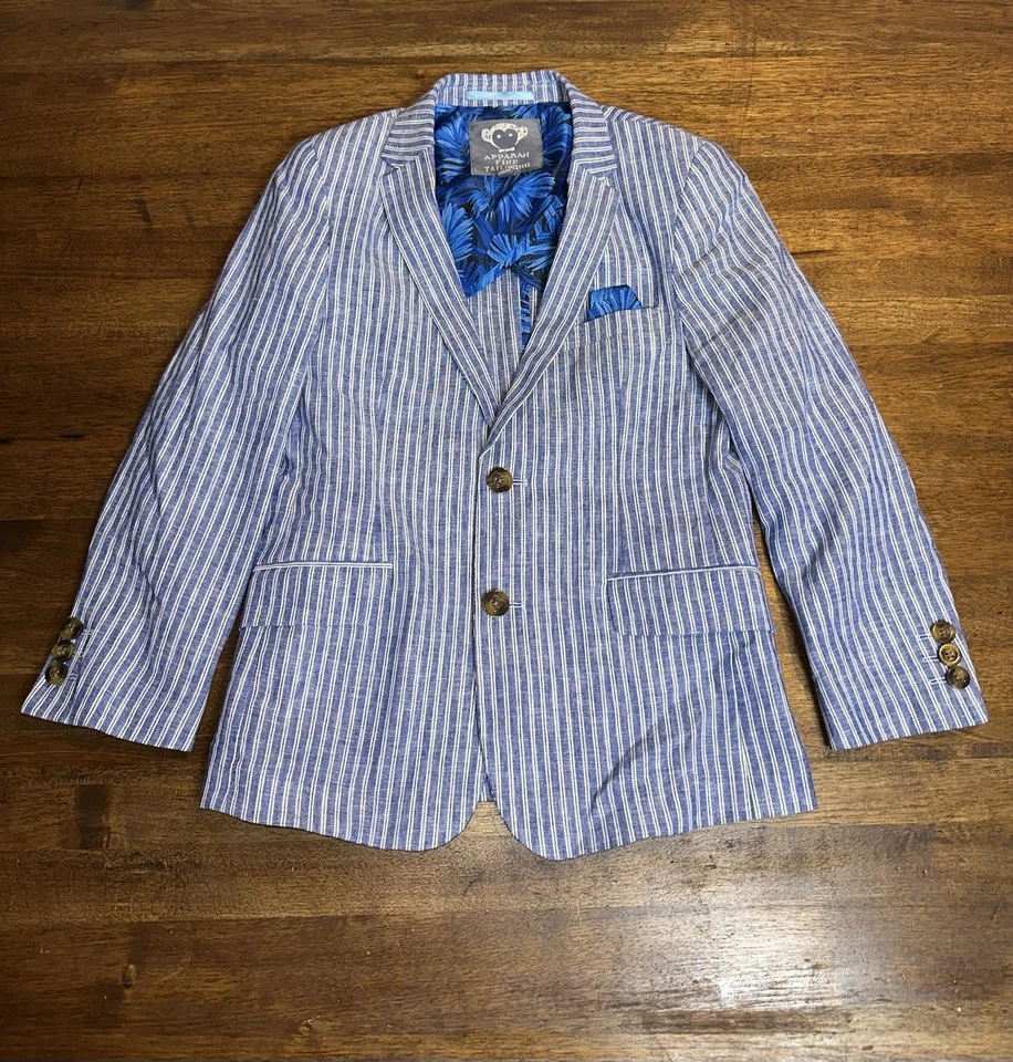 APPAMAN 男孩定制亚麻混纺细条纹西装外套学院经典 8 码 — 第 2/4 张图片