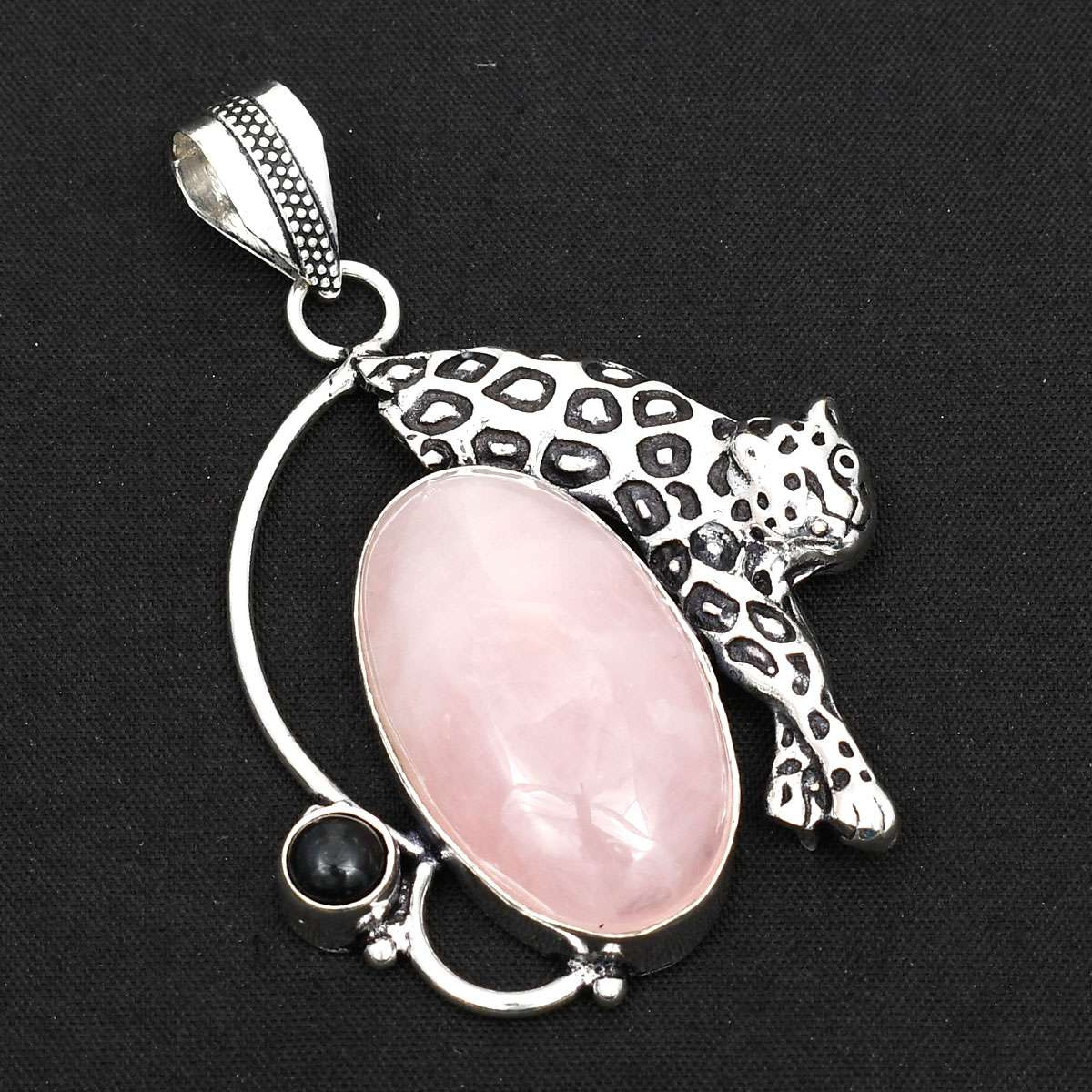 Handmade Rose Quartz and Black Onyx Leopard Pendant Jewelry 2.52
