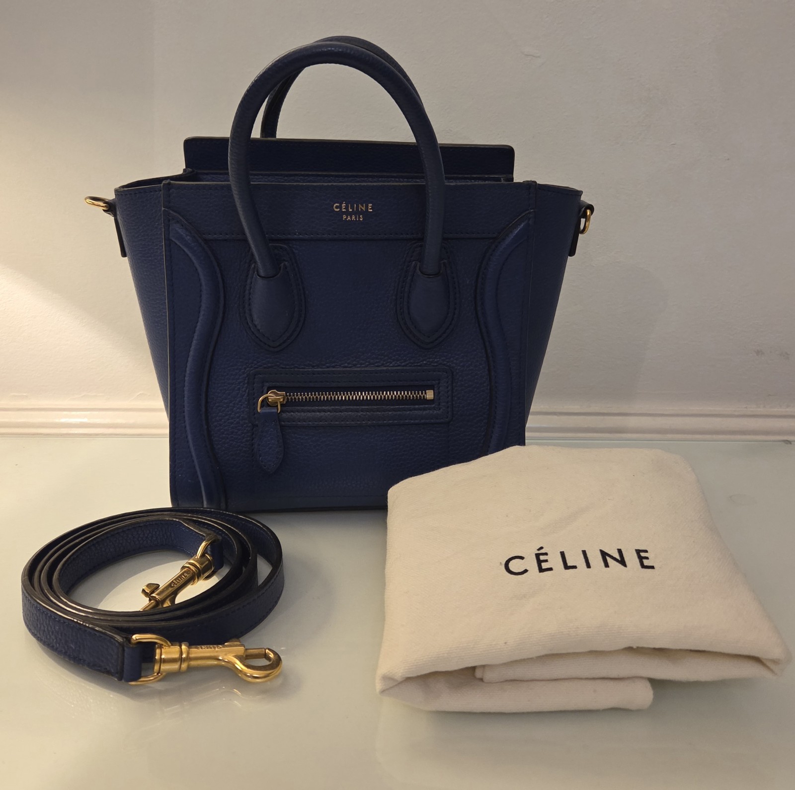 Celine Nano Luggage Tote In Blue Calfskin Leather Crossbody Bag
