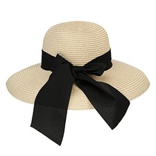 Straw Summer Hat Women's Floppy Sun Hat Wide Brim Beach Bow Hat Medium Beige