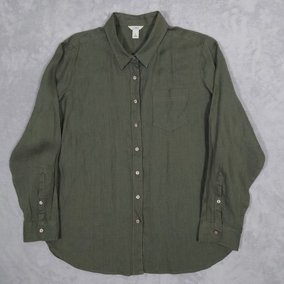 LL Bean Women Size XL Petite Shirt Button Down Top Green Linen Long Sleeve