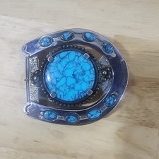 Belt Buckle Horse Shoe With Turquoise Looking Stones 3 oz.