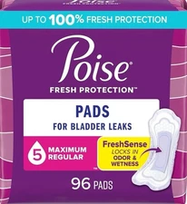 Poise Incontinence Pads,5 Drop Maximum Absorbency,Regular Length,96 Count NEW