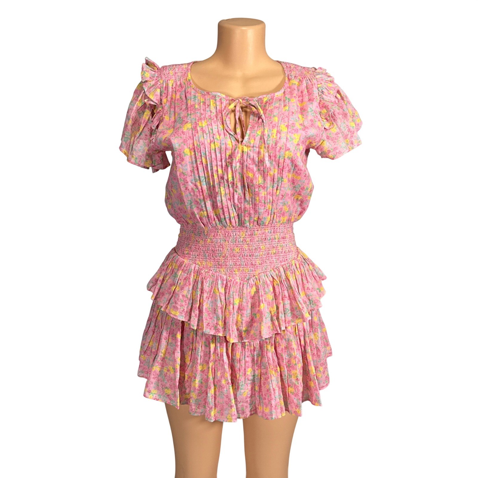 LoveShackFancy Pink Floral Cotton Smocked Tiered Ruffle Mini Dress Small