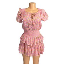 LoveShackFancy Pink Floral Cotton Smocked Tiered Ruffle Mini Dress Small