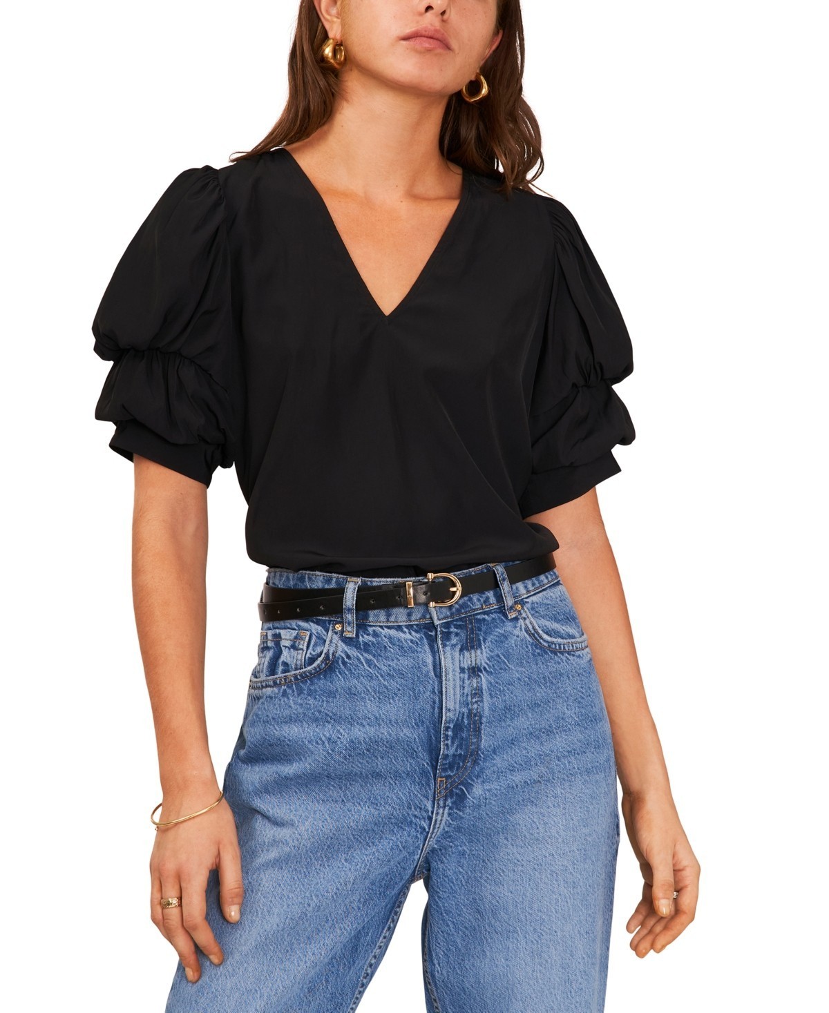 1.STATE Women's Tiered Bubble-Sleeve Blouse XL V-Neck Long Sleeve Polyester