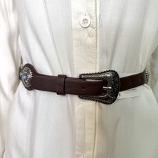 Chocolate brown PU leather skinny belt with silver concho details
