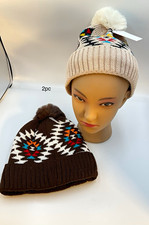 2pc Unisex Kids Knit Fair Isle Lined Pom Pom Beanie Hats Beige Brown One Size