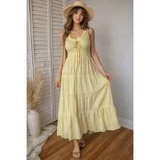 Brooklyn & Shirt Yellow Tiered Maxi Dress Size M Ruffle Neck Boho Cottagecore