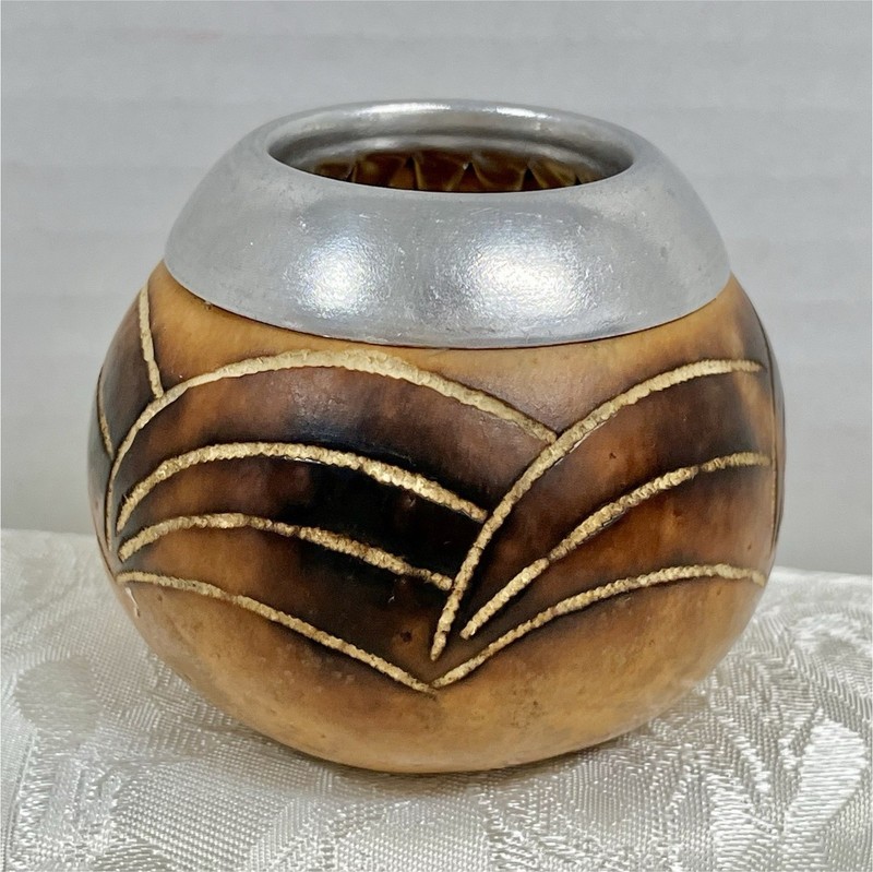 Calabash Yerba Mate Tea Gourd Cup Scorched/Carved Patterns With Silver Tone Rim