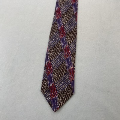 Geoffrey Beene Silk Tie vtg 90s Abstract Art Plaid Splat Dot Silver BlueRed 4x60