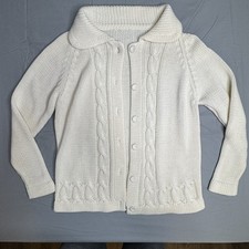 ORIGINAL VINTAGE HAND MADE Sweater Cardigan Cable Knit Women Medium White Ivory