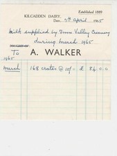 Kilcadden Dairy est.1889 A. Walker 1965 Crates of Milk Supplied Receipt Rf 38925