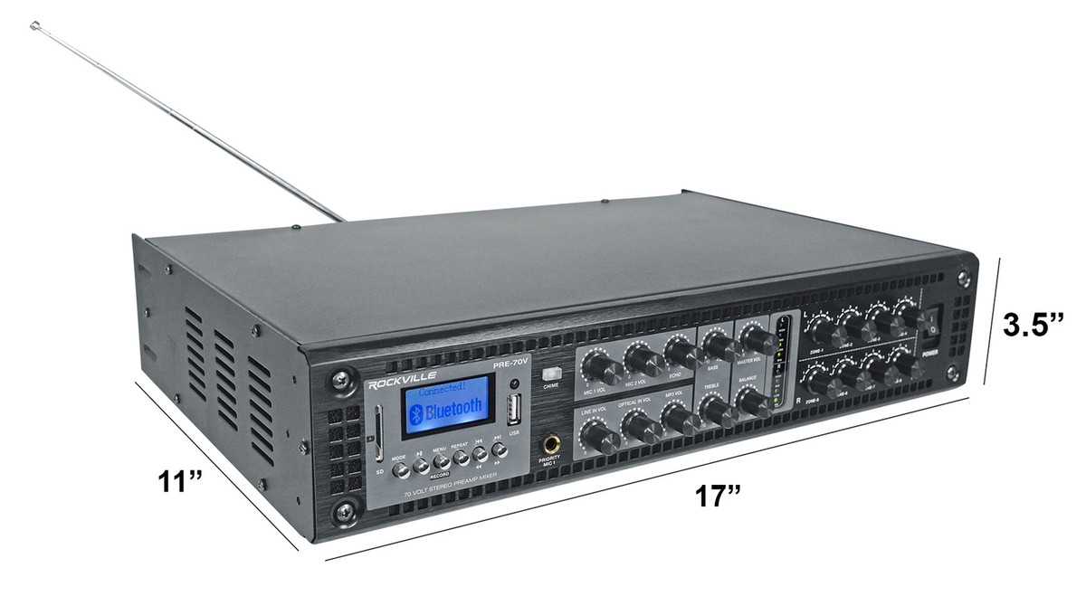 Rockville PRE-70V 70V Stereo Preamp Mixer with 6 Zones, Bluetooth 