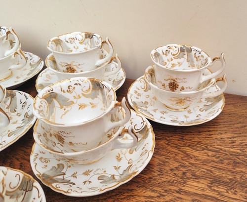 Antique Rockingham Brameld 6 True Trios c1830 Pattern 1212 Dove Grey Gold - Picture 4 of 15
