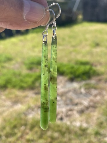 Long & Round CANADIAN NEPHRITE BC Jade Greenstone EARRINGS Sterling SILVER Hooks - Picture 3 of 12