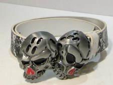 Double Skull Head Metal Belt Buckle on Black  White Belt