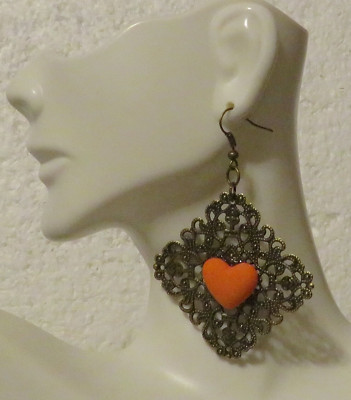 Large Rhombus Bronze Filigree Tangerine Orange Dangle Earrings 3''x3'' Hook