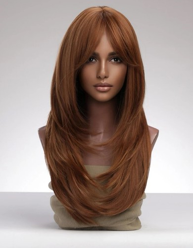 Perruque Synthétique Rose Longue Et Frisée Avec Frange - Bonnet Moyen, Monofilament