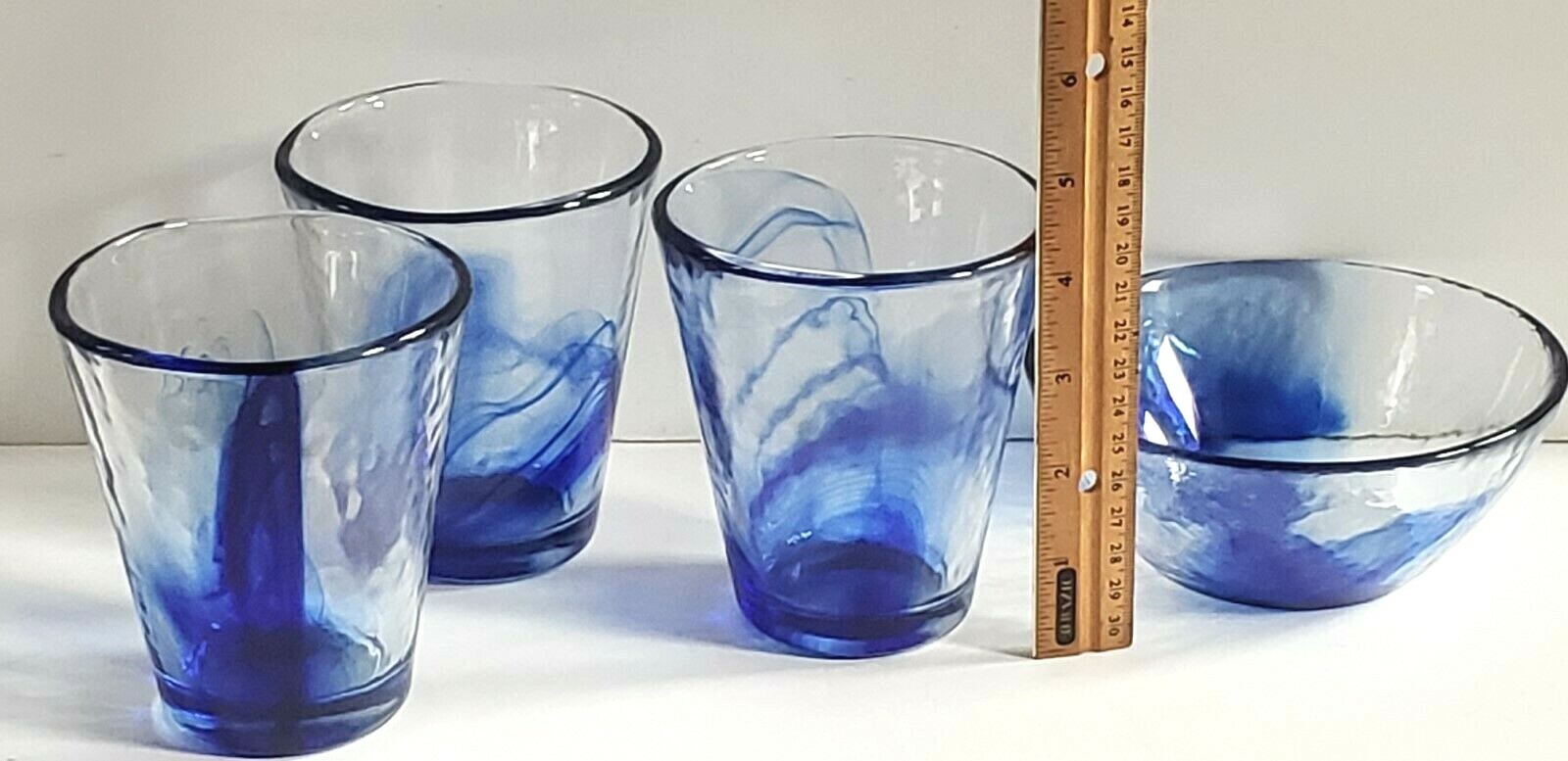 Bormioli Rocco Murano Cobalt Blue Swirl 3 Glass 12 oz Tumblers & 1 Bowl