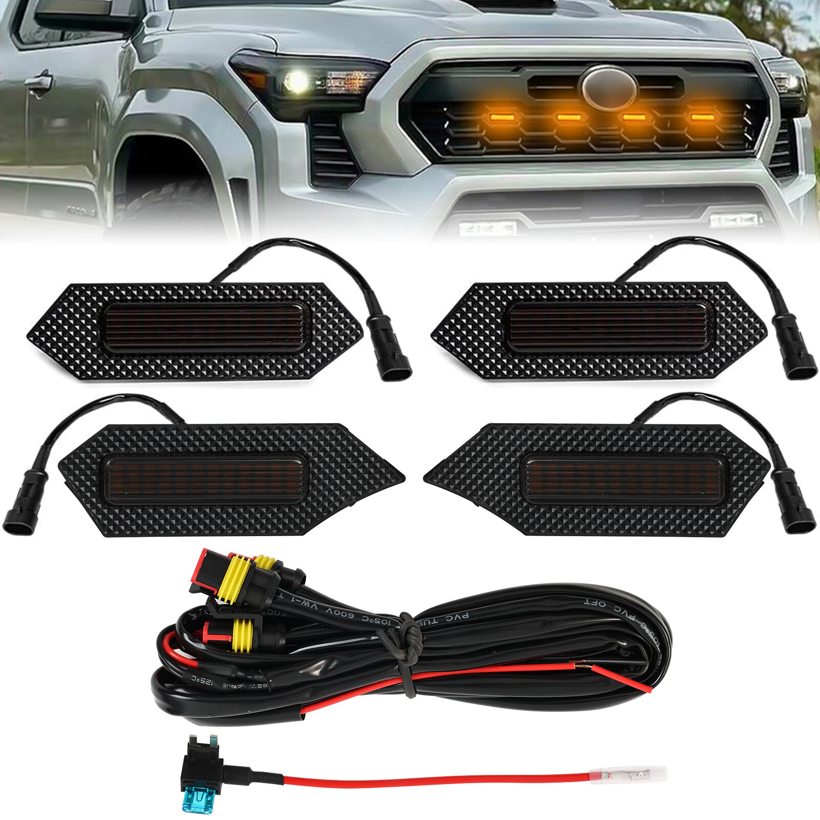 4Pc Grill Car LED Light For Toyota Tacoma 2024 TRD Trailhunter Front Grille DRL