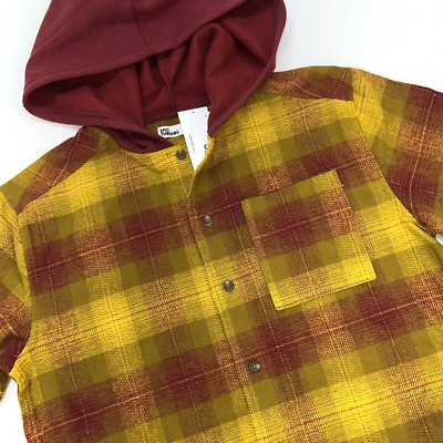 Epic Threads Button Up Hooded Long Sleeve Flannel Youth L Mustard Plaid NWT $48