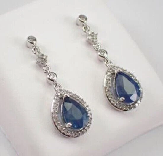 3Ct Pear Cut Lab Created Blue Sapphire 14k White Gold Plated 925 Dangle Earrings - Image 2 of 4