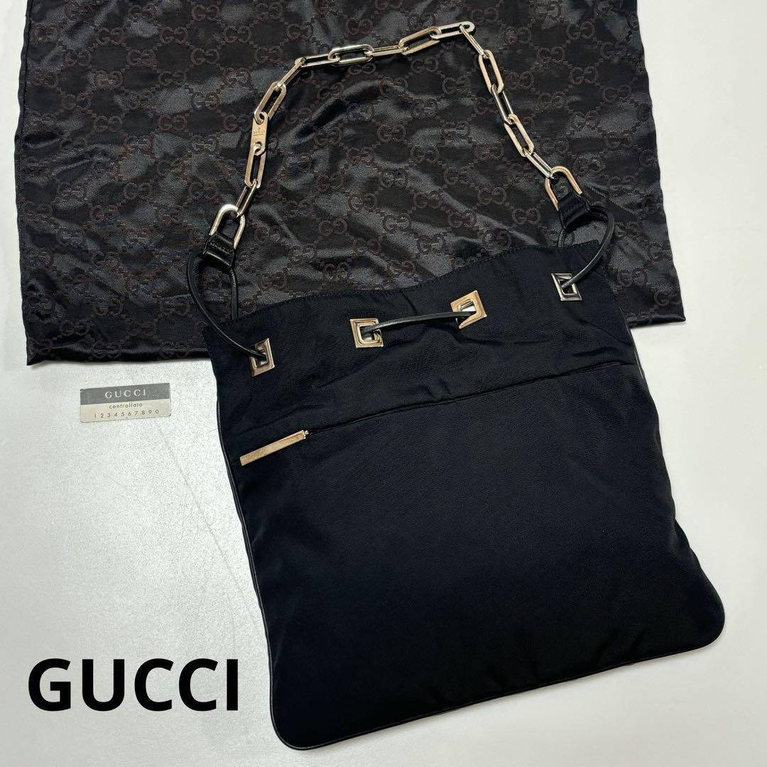 GUCCI Black Leather and Nylon Chain Shoulder Bag
