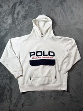 Polo Ralph Lauren Hoodie Mens Large White Big Logo Fleece Pullover Zip Pockets
