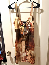 PrettyLittleThing Brown/Beige Graphic Bow Bodycon Mini Dress Sweetheart US 12