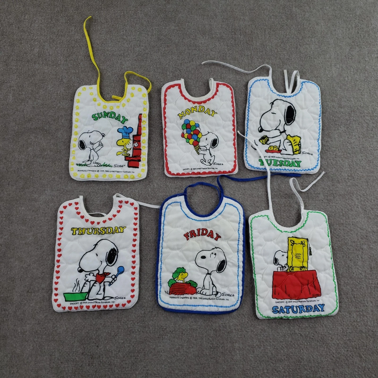 Vintage Peanuts Snoopy Baby Bibs Cotton White Quilted Drool Tie Closure Set Of 6
