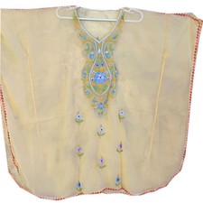 Georgette Kashmiri Hand Embroidered Knee Length Light Yellow Kimono Kaftan L-39"