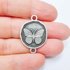 Butterfly Connector Charms Round Pendant Earring Antique Silver 34x24mm G37792
