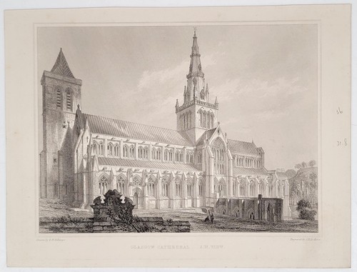 Glasgow Cathedral SW View Billings Le Keux Steel Engraving c1847