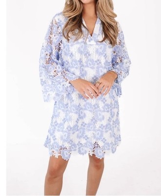 NWT $168 J Marie Maggie Lace Dress S Blue White Embroidered Floral Lined |  eBay