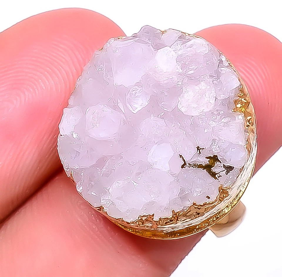 Anel de latão banhado a ouro eletroformado quartzo branco drusy tamanho ajustável (R19) - Imagem 3 de 4
