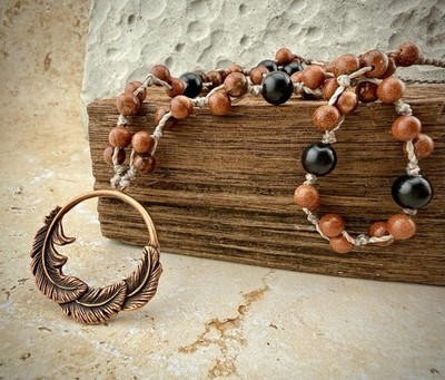 Copper Feather Pendant Necklace, Red Goldstone Crystal Ebony Wood. USA Artisan