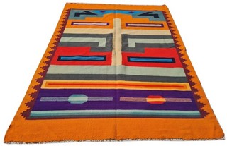 Rare Hand Knotted Vintage Bulgaria Pictorial Wool Kilim Area Rug 4.10 x 3.8 Ft